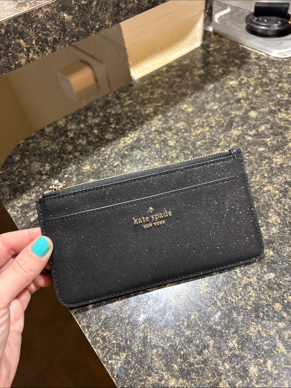 kate spade black glitter zip card pouch